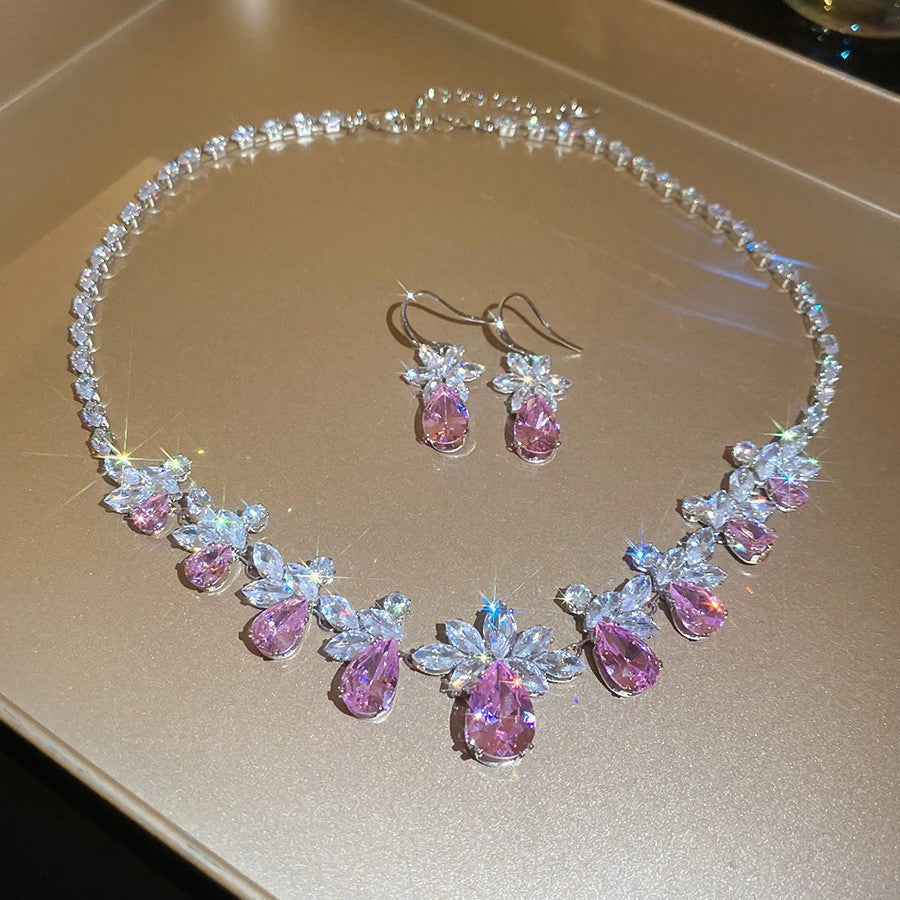 Round Zircon Ear Niche Design Clavicle Chain Graceful Jewelry Set