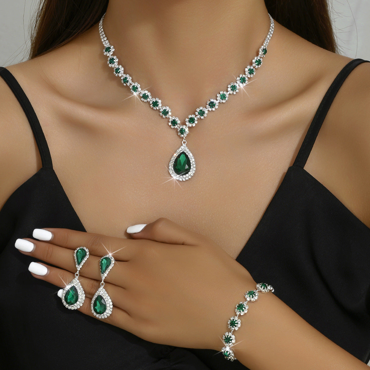 Wedding Bridal Ear Three-piece Full Diamond Jewelry Set