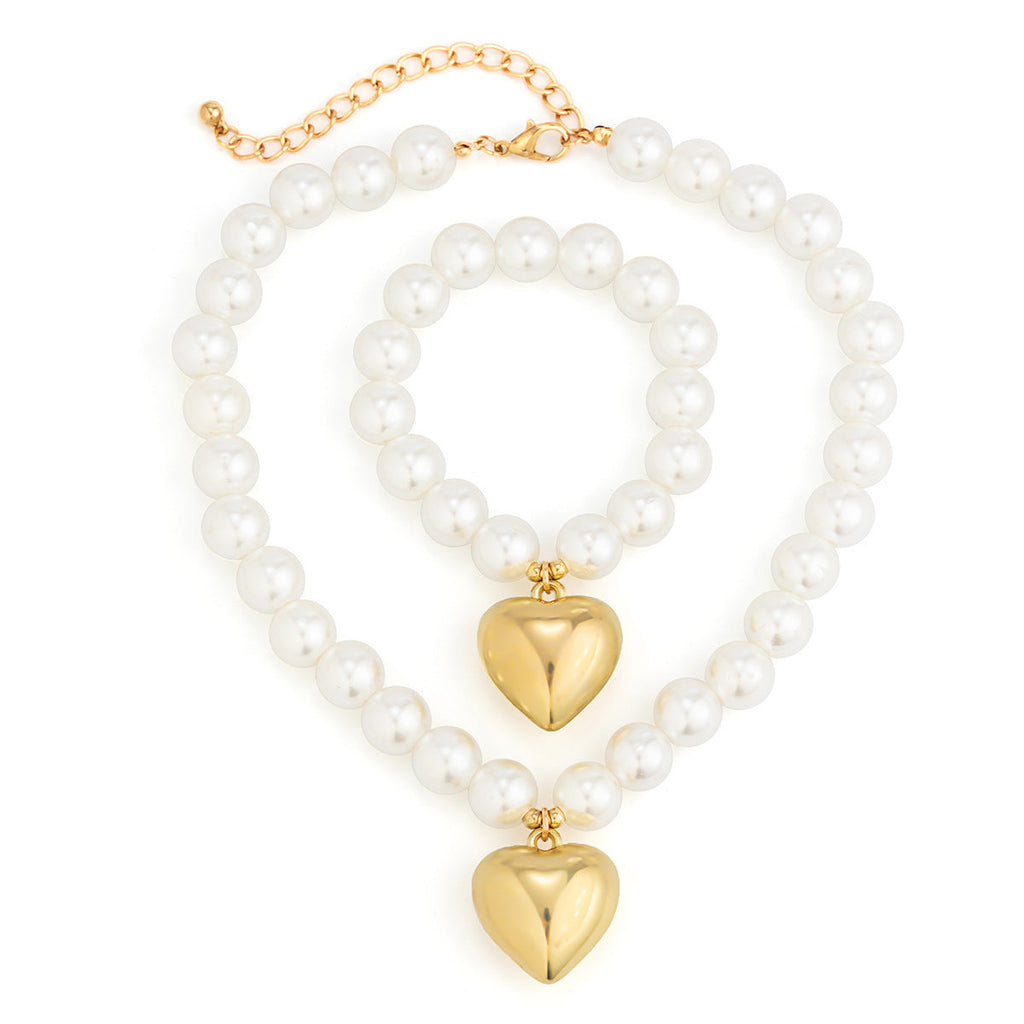 Fashion Heart Pendant Beaded Necklace Earrings Bracelet Jewelry Set