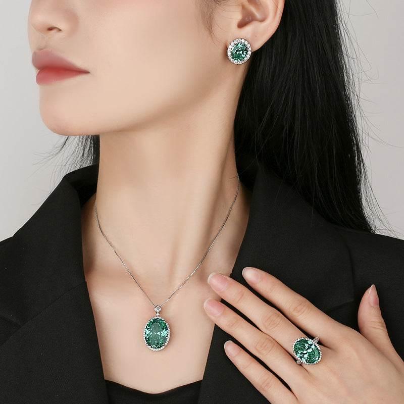 Nest Cut Para Green Oval CZ Halo Jewelry Set, 5A Cubic Zirconia, White Gold Necklace, Earrings, Adjustable Ring, Dainty Luxe