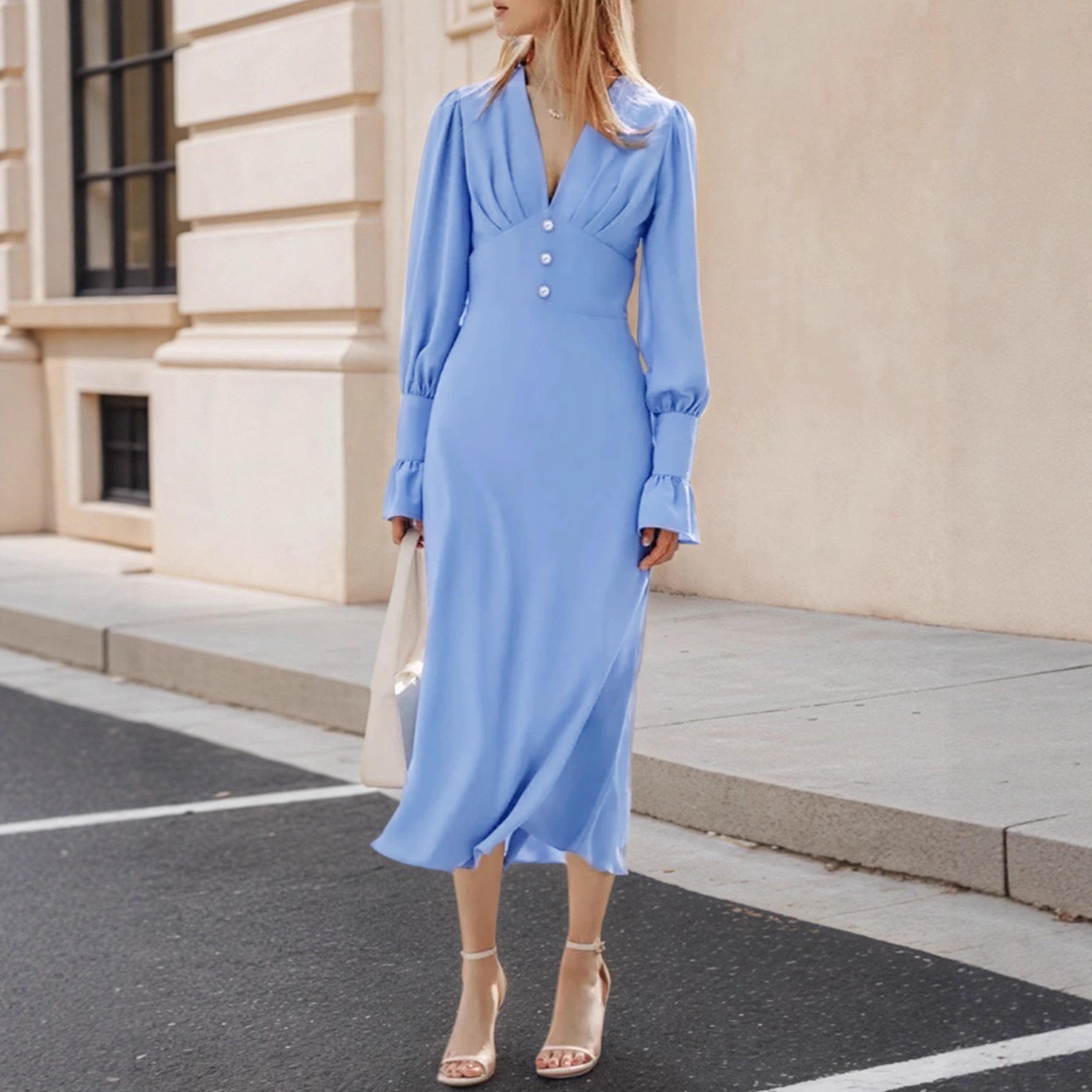 Elegant Office Pleated Deep V Plunge neck Button Decorative Waist Tight Lantern Sleeve Elegant A line Dress