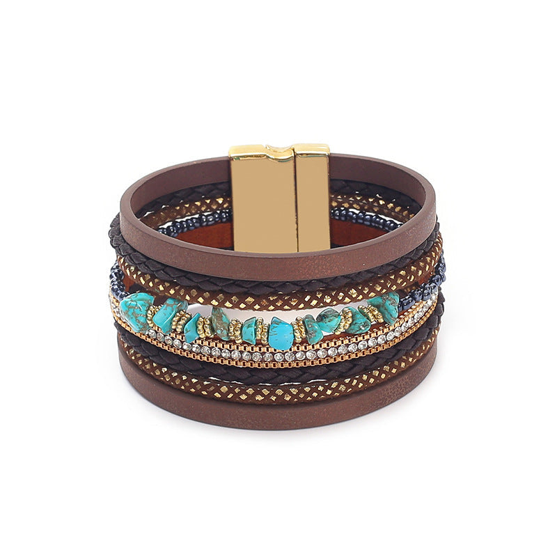 Women's Beads String Leather Creative Retro Magnetic Bracelet