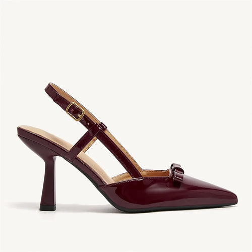 2025 Women's Size 41 Elegant Burgundy Pointy Toe Slingback Pumps Summer Bowknot High Kitten Heels Black Office Lady Shoes