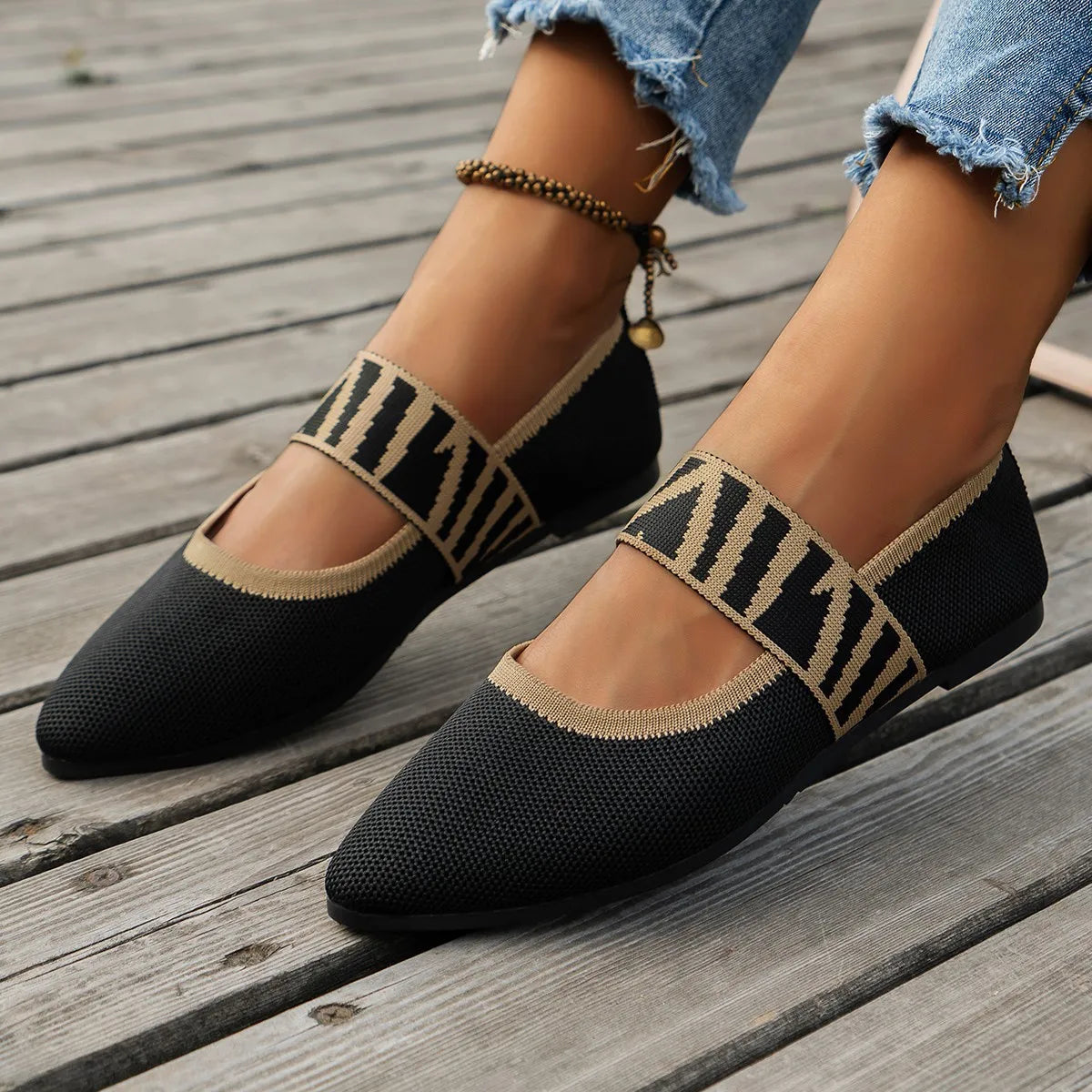 Knitted Color-block Women's Flat Shoes Dressy Ballet Flats Casual striped straps Pointed Toe Loafers Female Daily Shoes Big Size