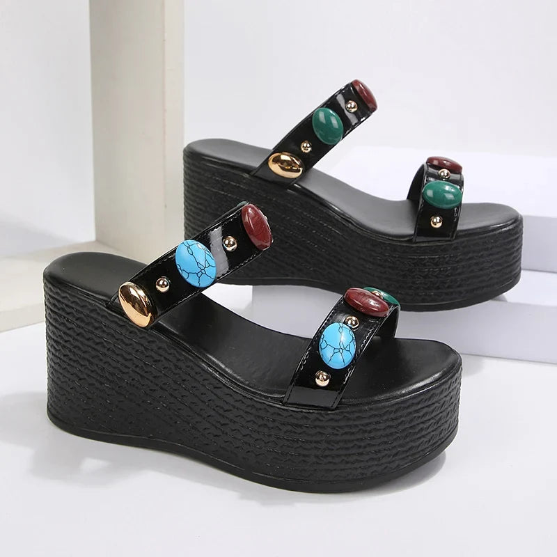 Fashion Gems Chunky Wedges Sandals Women Summer Plus Size 43 Platform Slippers Woman 2026 Gold Super High Heeled Sandalias Mujer
