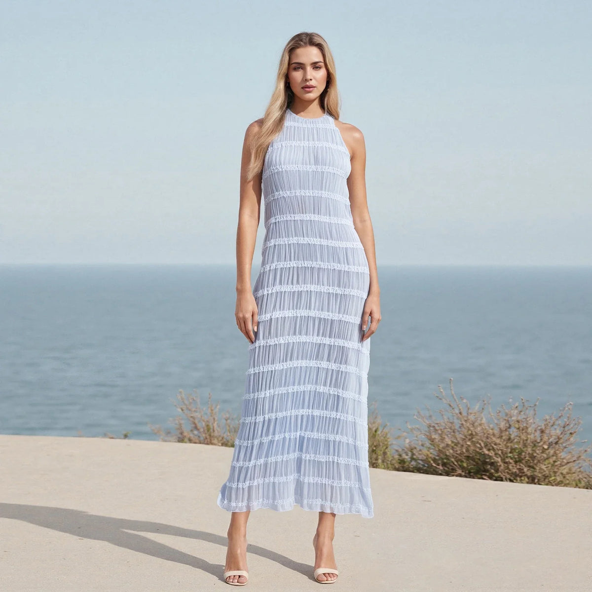 Women Ruched Cocktail Dress Elegant Party Bodycon Dresses Female Long Dress Summer Sleeveless Backless Solid Dress Vestidos