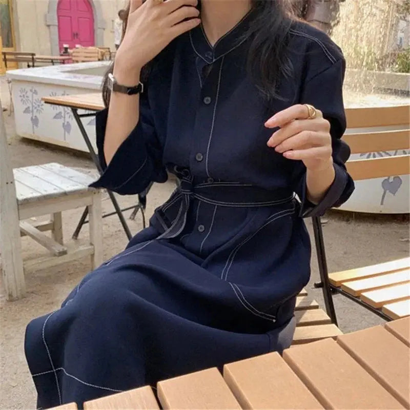 Casual-Chic Stand Collar Straight Dress with Tie Sash