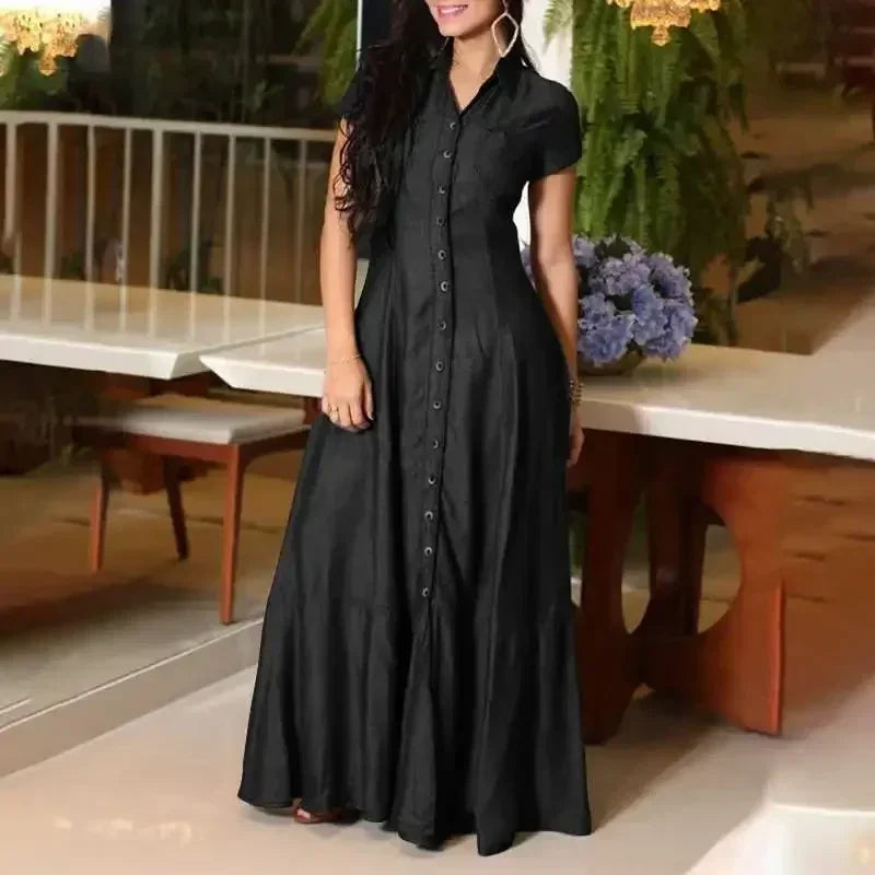 2024 Women New Lapel Pocket Splicing Casual Short Sleeved Solid Color Large Swing Denim Dress Loose Single Breasted Shirt Dress