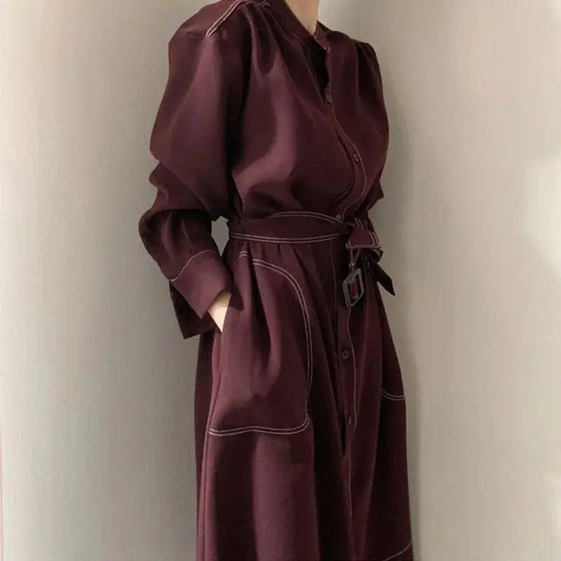 Casual-Chic Stand Collar Straight Dress with Tie Sash