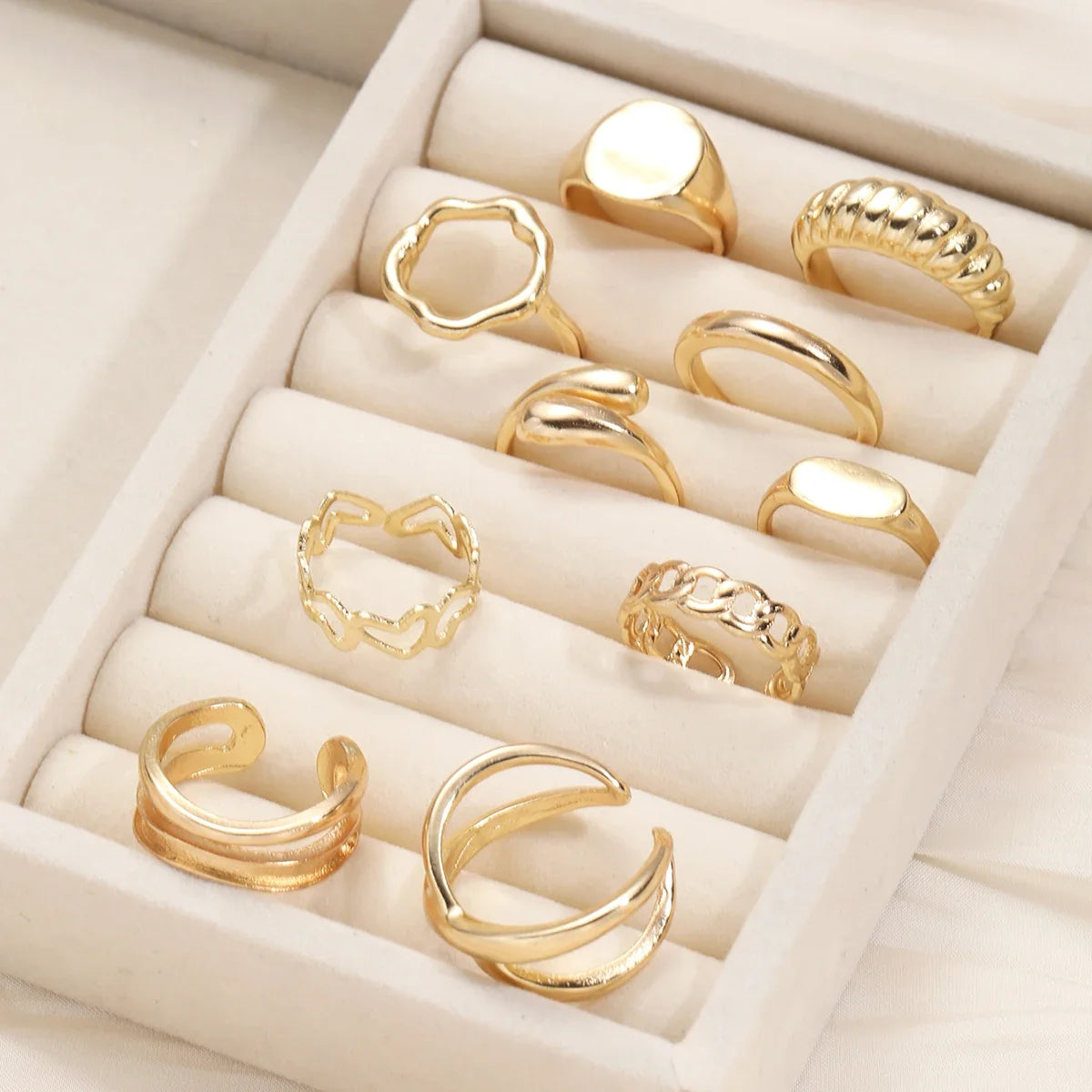 14Pcs/Set Vintage Smooth Open Rings Set for Women Geometric Creative Irregular Gold Color Finger Rings Trendy Daily Jewelry Gift