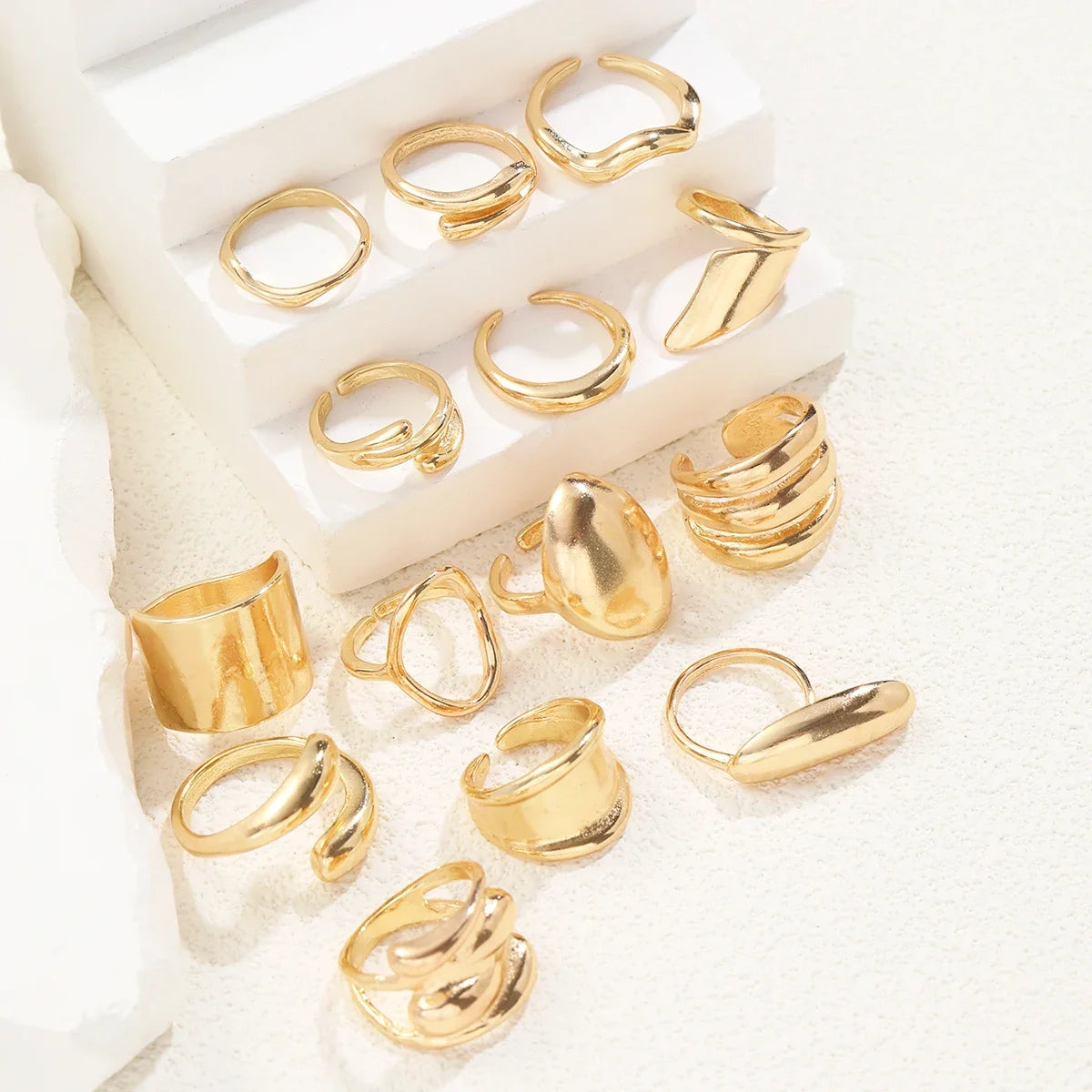14Pcs/Set Vintage Smooth Open Rings Set for Women Geometric Creative Irregular Gold Color Finger Rings Trendy Daily Jewelry Gift