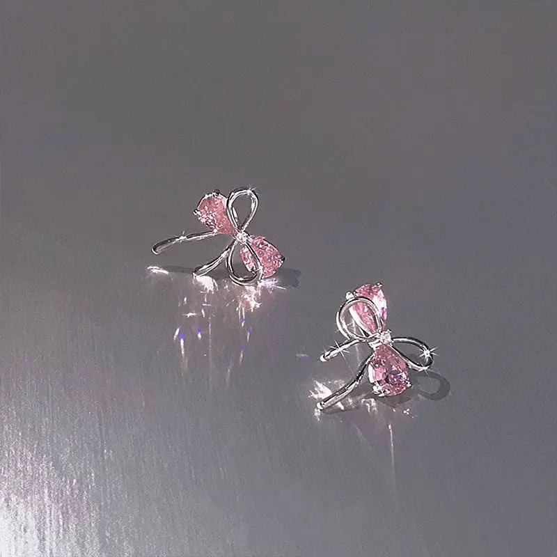 925 Sterling Silver Bow Pink Zircon Stud Earrings For Woman  Wedding Luxury Jewelry Wholesale 2024 Trend Jewellery 925 Money