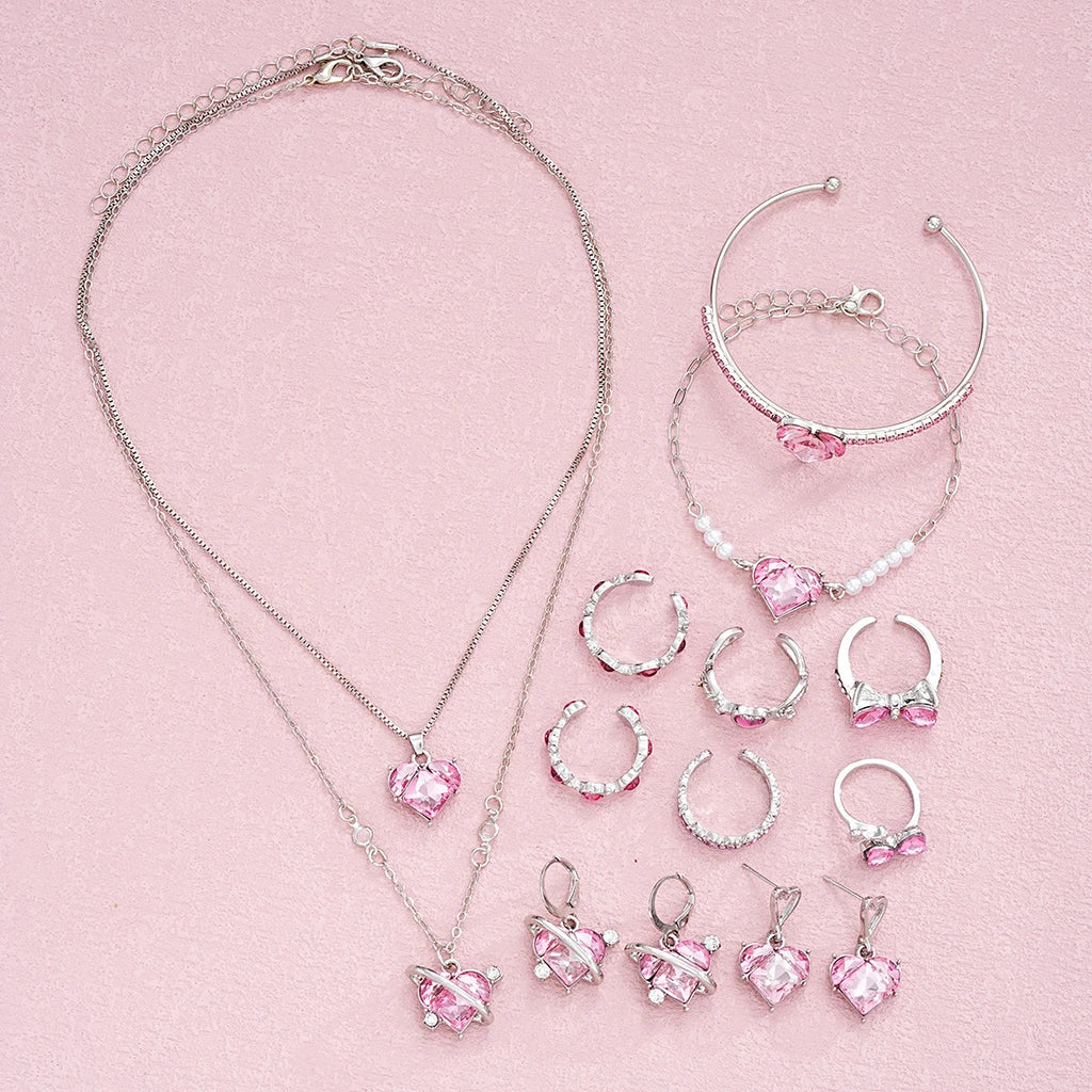 14 PCS Pink Craystal Heart Pendants Necklace Earrings Ring Bracelet Sets For Women Girl Fashion Jewelry Set Wedding Jewelry Gift