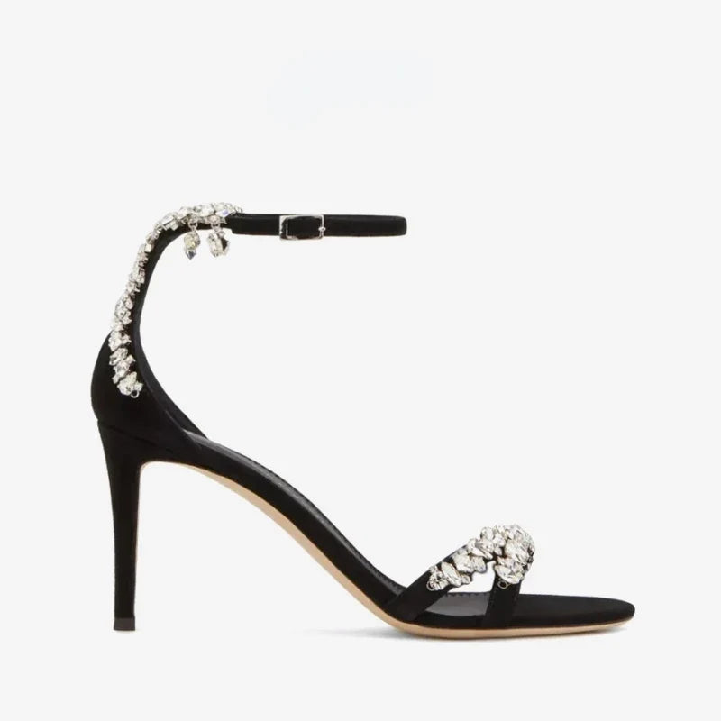 Black High Heels Women's Stiletto Heels Celebrity Style Versatile Slotted Buckle Rhinestone Open Toe Round Toe Sandals