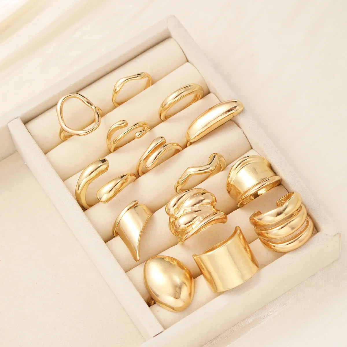 14Pcs/Set Vintage Smooth Open Rings Set for Women Geometric Creative Irregular Gold Color Finger Rings Trendy Daily Jewelry Gift