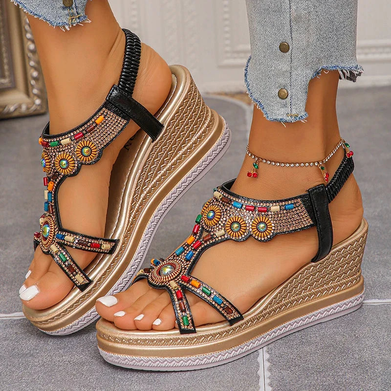National Wind Beaded Wedge Heels Sandals Women Chunky Platform Slip On Gladiator Sandals Woman Plus Size 43 High Heel Sandalias