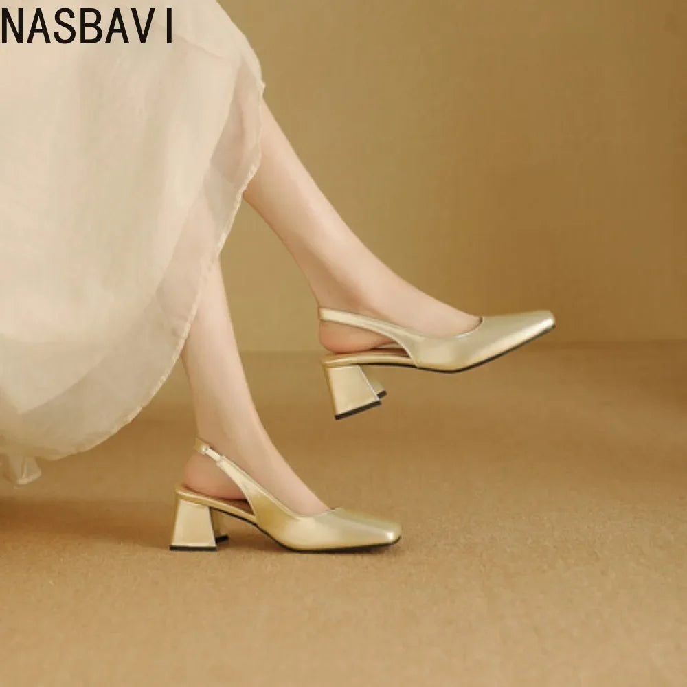 NASBAVI Women's Block Heels Pumps Shoes Elegant Summer Sandals Green Pink Close Toe Slingback Office Wedding Dress Shoes Female
