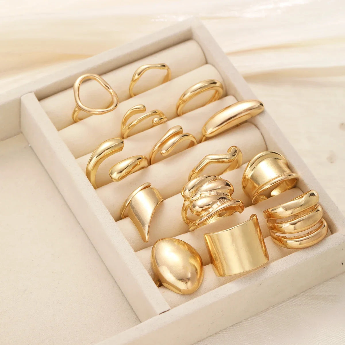 14Pcs/Set Vintage Smooth Open Rings Set for Women Geometric Creative Irregular Gold Color Finger Rings Trendy Daily Jewelry Gift
