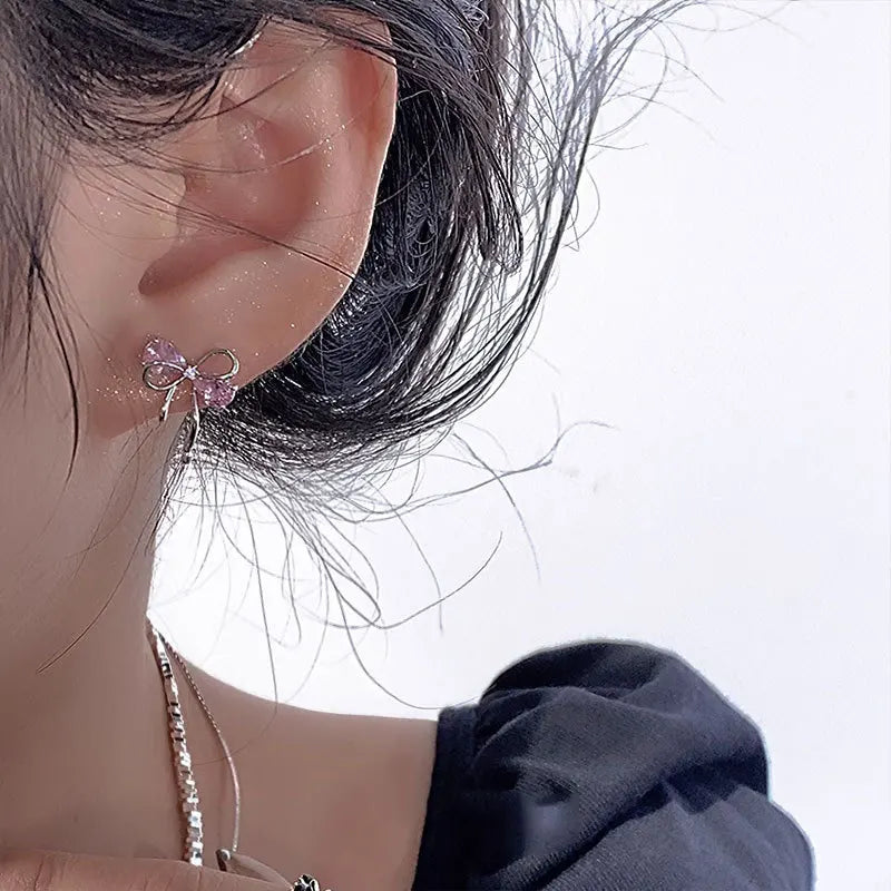 925 Sterling Silver Bow Pink Zircon Stud Earrings For Woman  Wedding Luxury Jewelry Wholesale 2024 Trend Jewellery 925 Money