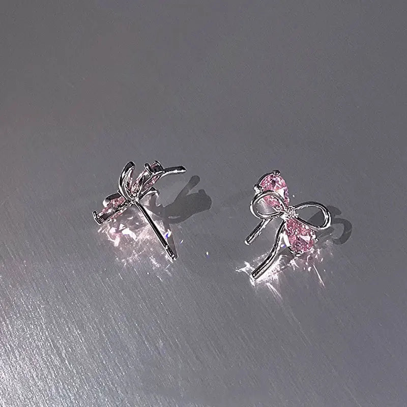 925 Sterling Silver Bow Pink Zircon Stud Earrings For Woman  Wedding Luxury Jewelry Wholesale 2024 Trend Jewellery 925 Money