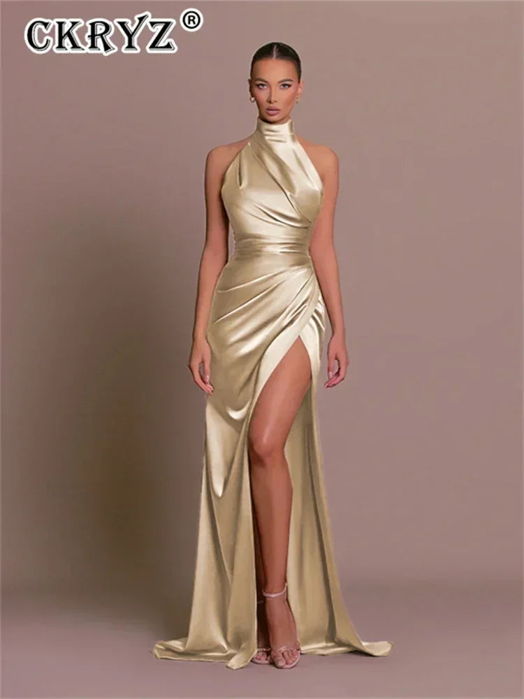 Ladies Summer Satin Evening Birthday Party Dresses Women Sleeveless Backless Halter Side Slit Elegant Long Dress Mowan Clothes
