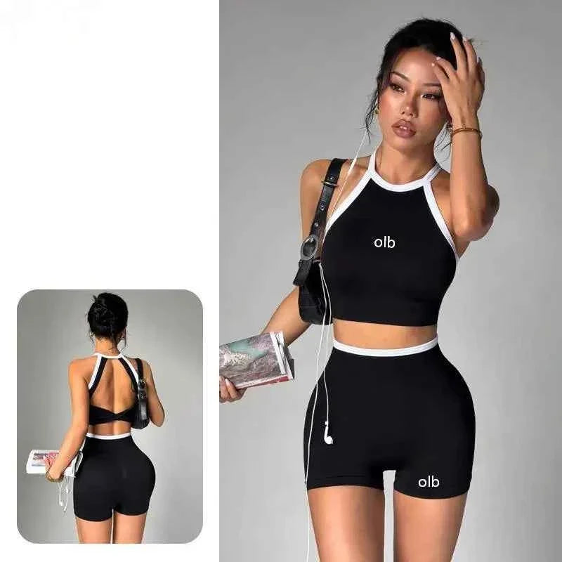 Women's Colorblock Backless High Waist Fitness Set