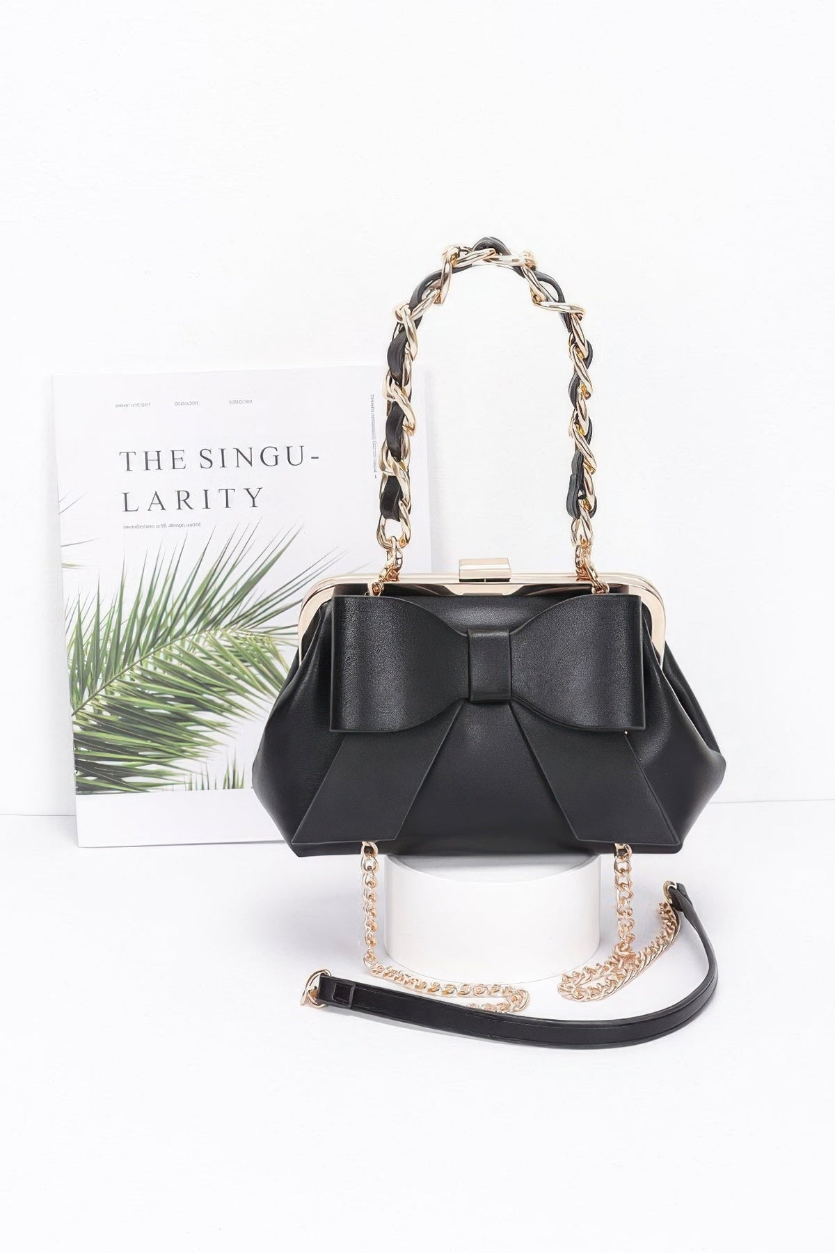 Faux Leather Ribbon Chain Handle Party Clutch
