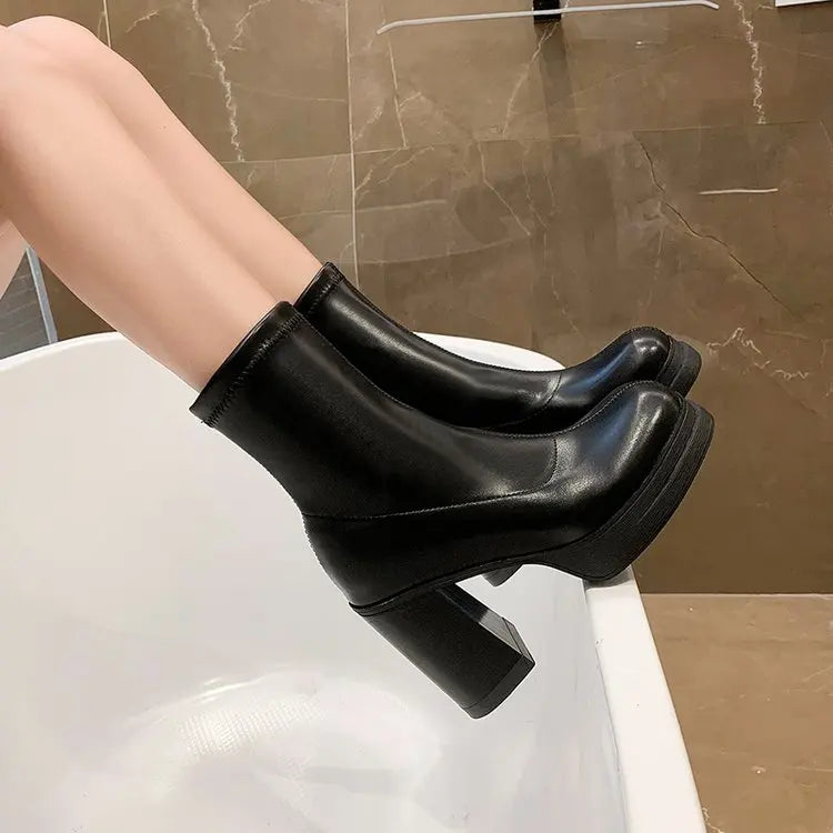 Winter Boots Lady Boots-Women Shoes Zipper Luxury Designer Rubber High Heel Ankle Fashion Rome Solid PU Basic Square Toe