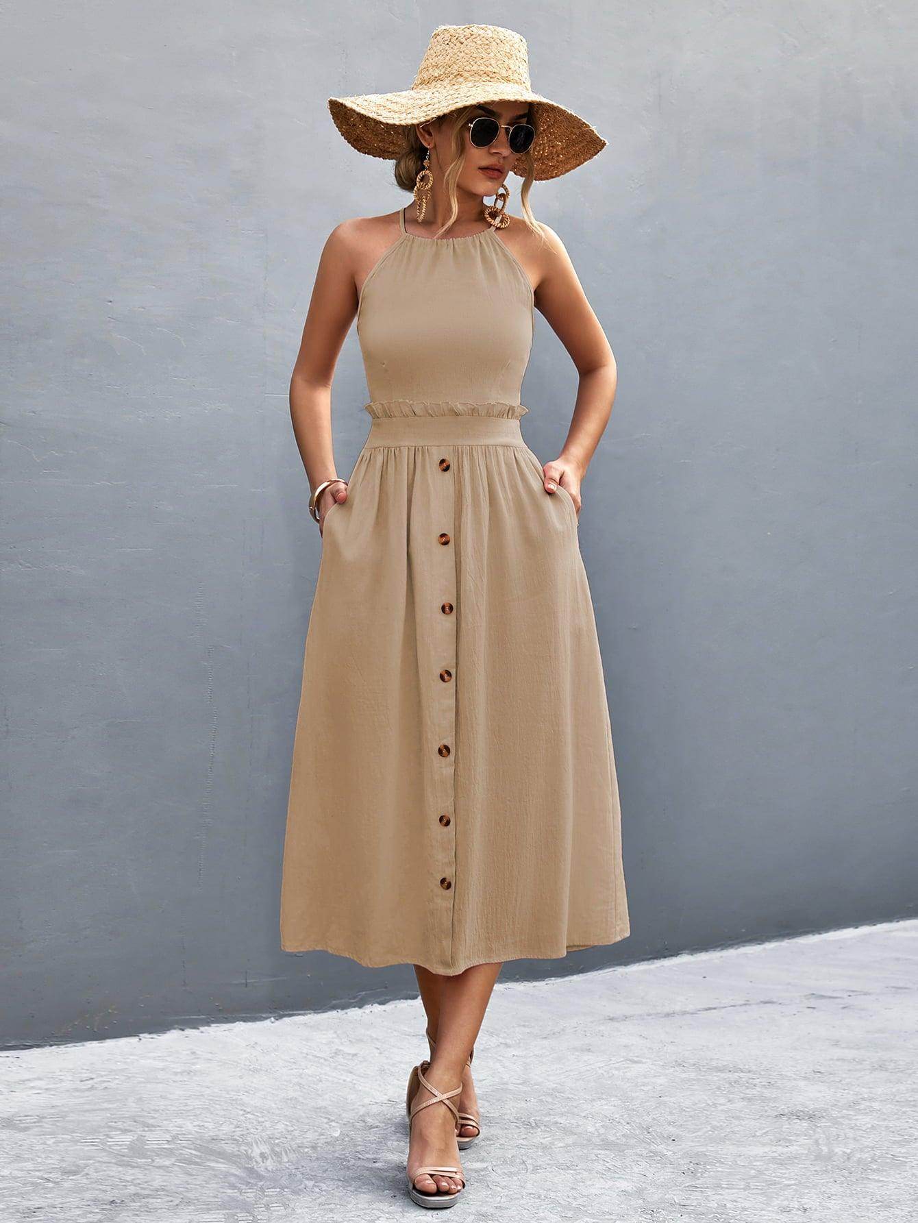 Buttoned Halter Neck Frill Trim Midi Dress for Chic Style