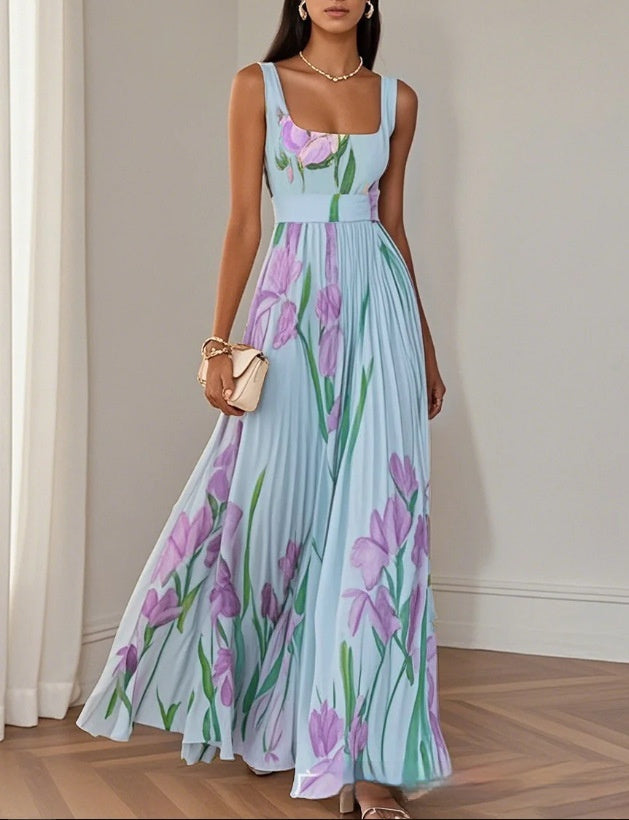 Women's Floral Pleated Maxi Dress — Sleeveless, High Waist, 5 Colors