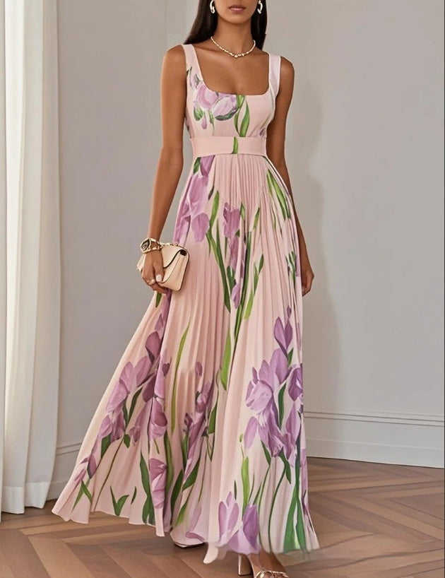 Women's Floral Pleated Maxi Dress — Sleeveless, High Waist, 5 Colors