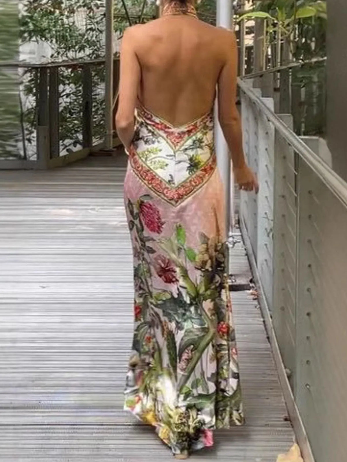 Printed Halter Neck Backless Maxi Dress