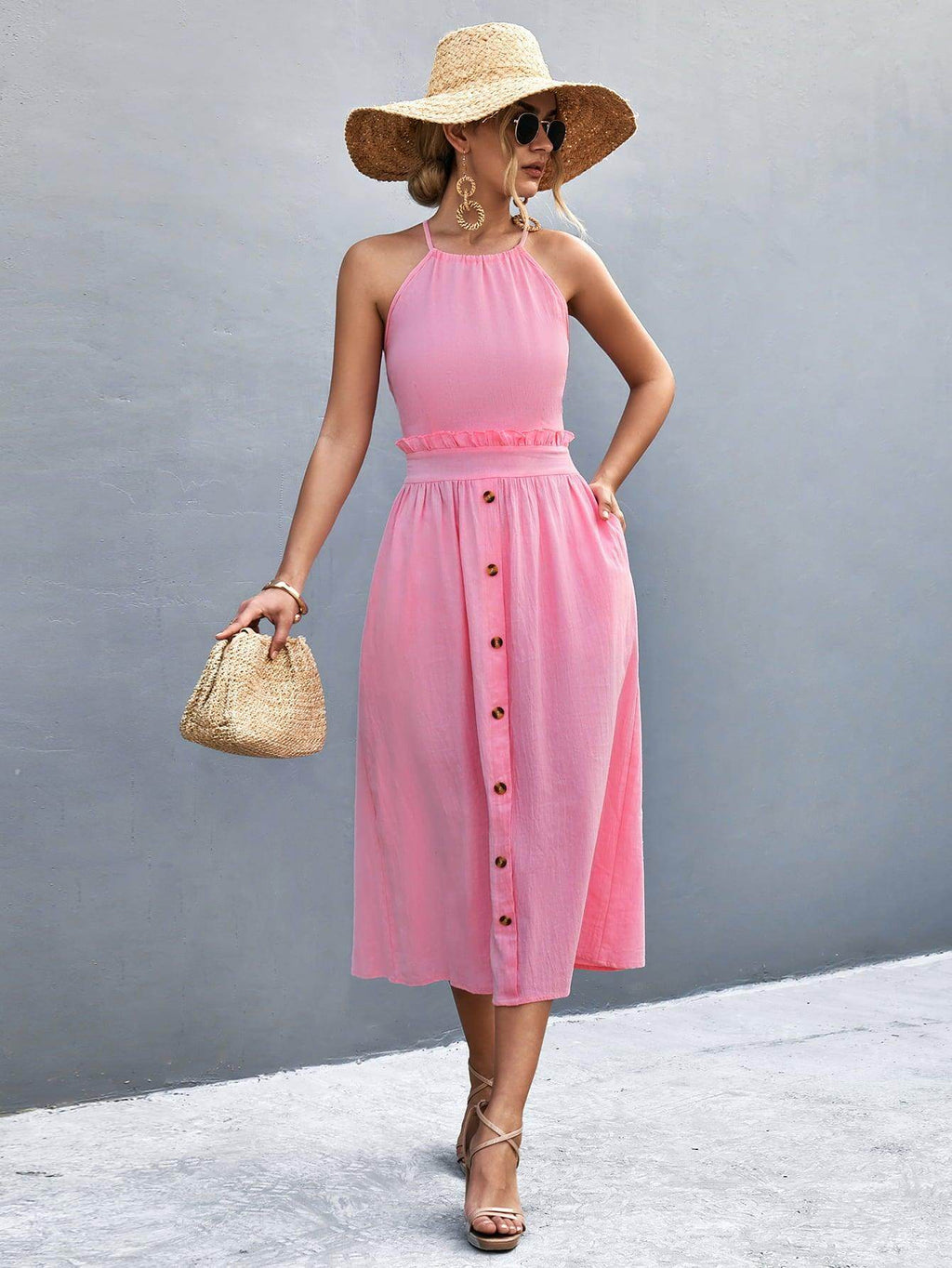 Buttoned Halter Neck Frill Trim Midi Dress for Chic Style