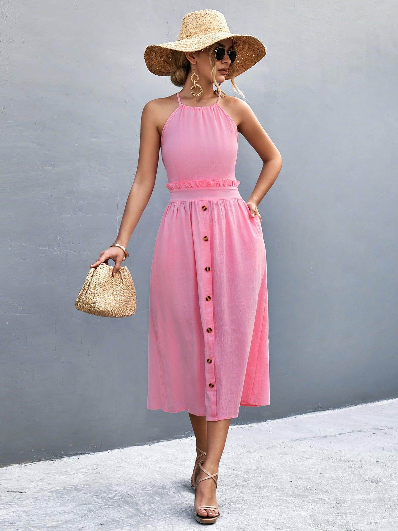 Buttoned Halter Neck Frill Trim Midi Dress for Chic Style