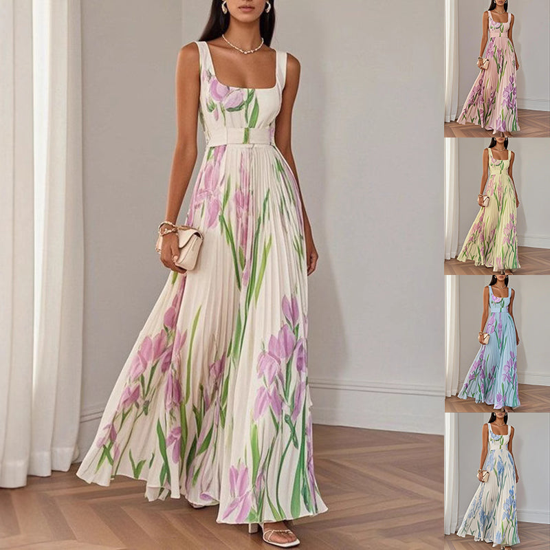 Women's Floral Pleated Maxi Dress — Sleeveless, High Waist, 5 Colors