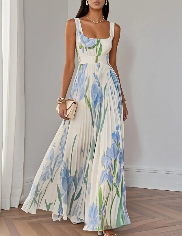 Women's Floral Pleated Maxi Dress — Sleeveless, High Waist, 5 Colors