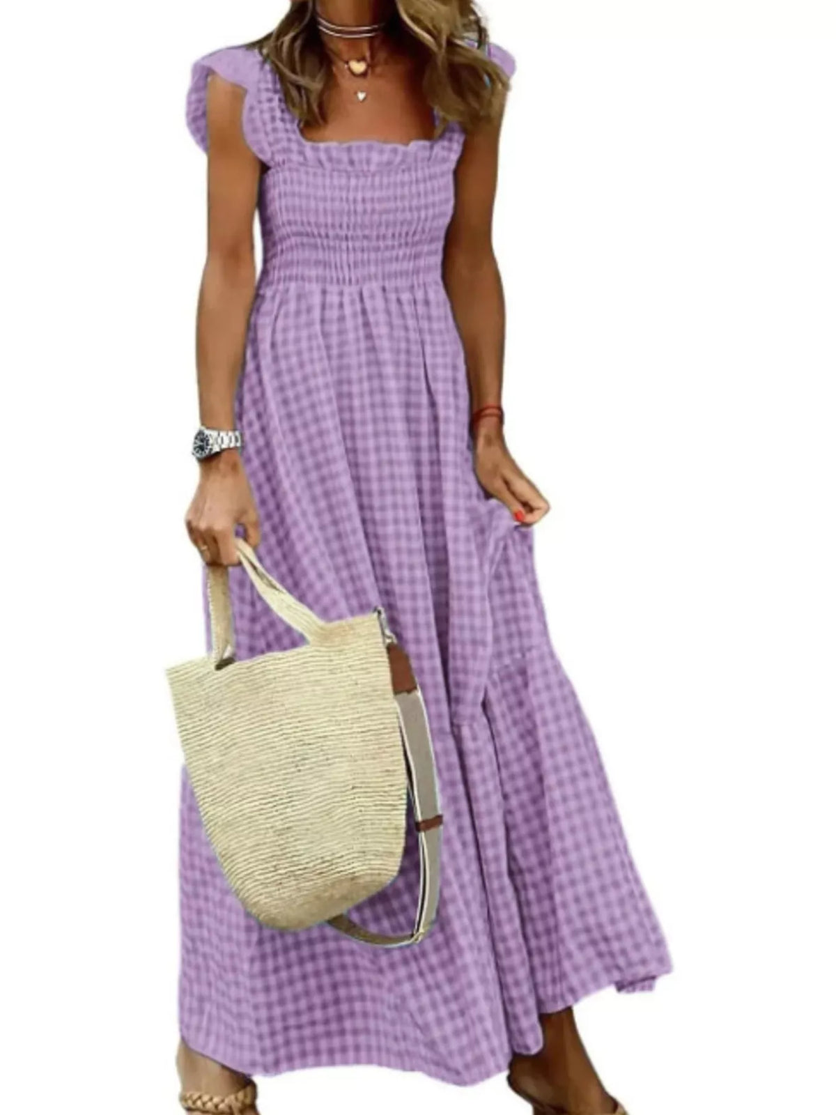 Full Size Gingham Smocked Ruffle Maxi Dress Plus Size