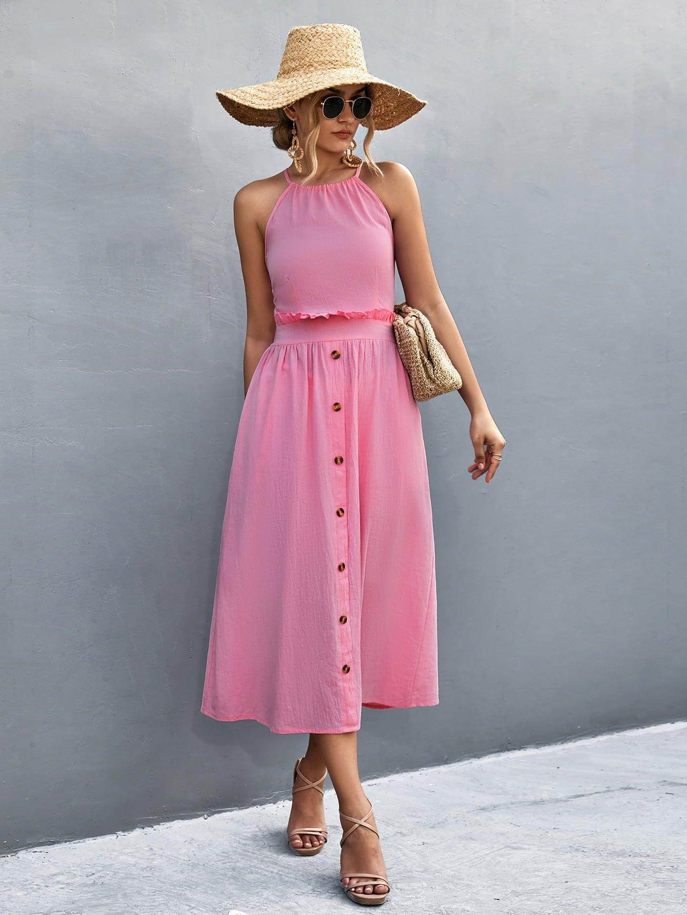 Buttoned Halter Neck Frill Trim Midi Dress for Chic Style
