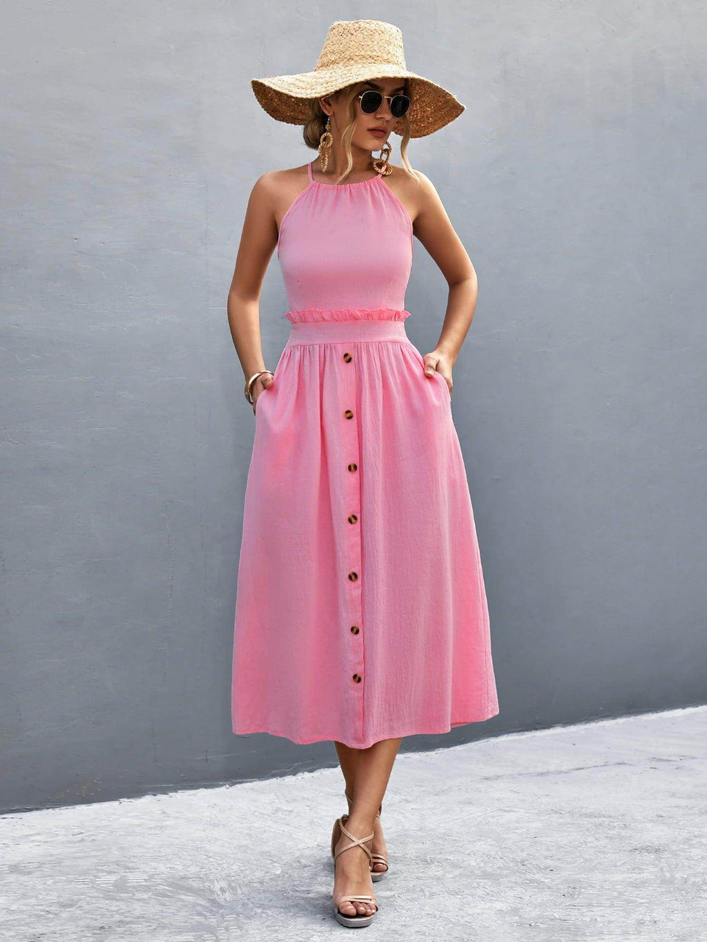 Buttoned Halter Neck Frill Trim Midi Dress for Chic Style