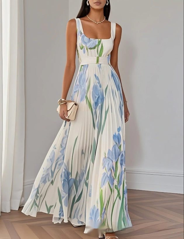 Women's Floral Pleated Maxi Dress — Sleeveless, High Waist, 5 Colors