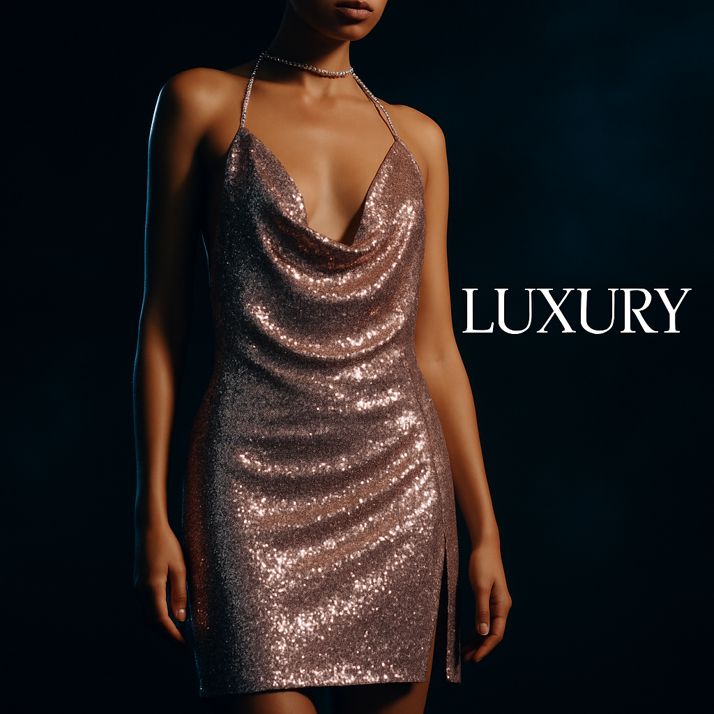 Sexy Women Chain Choker Side Slit Backless Slip Dress With Sequins