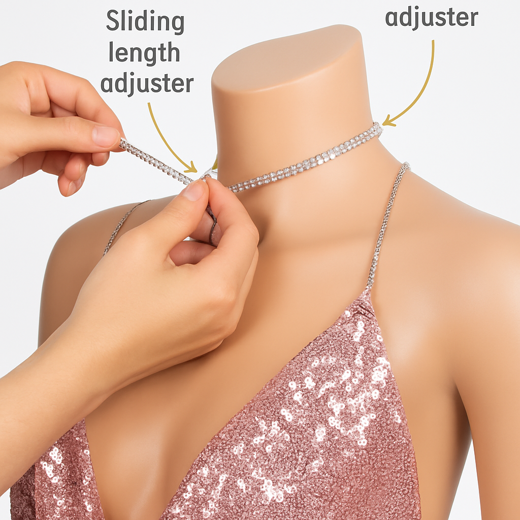 Sexy Women Chain Choker Side Slit Backless Slip Dress With Sequins