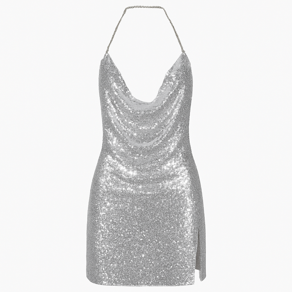 Sexy Women Chain Choker Side Slit Backless Slip Dress With Sequins