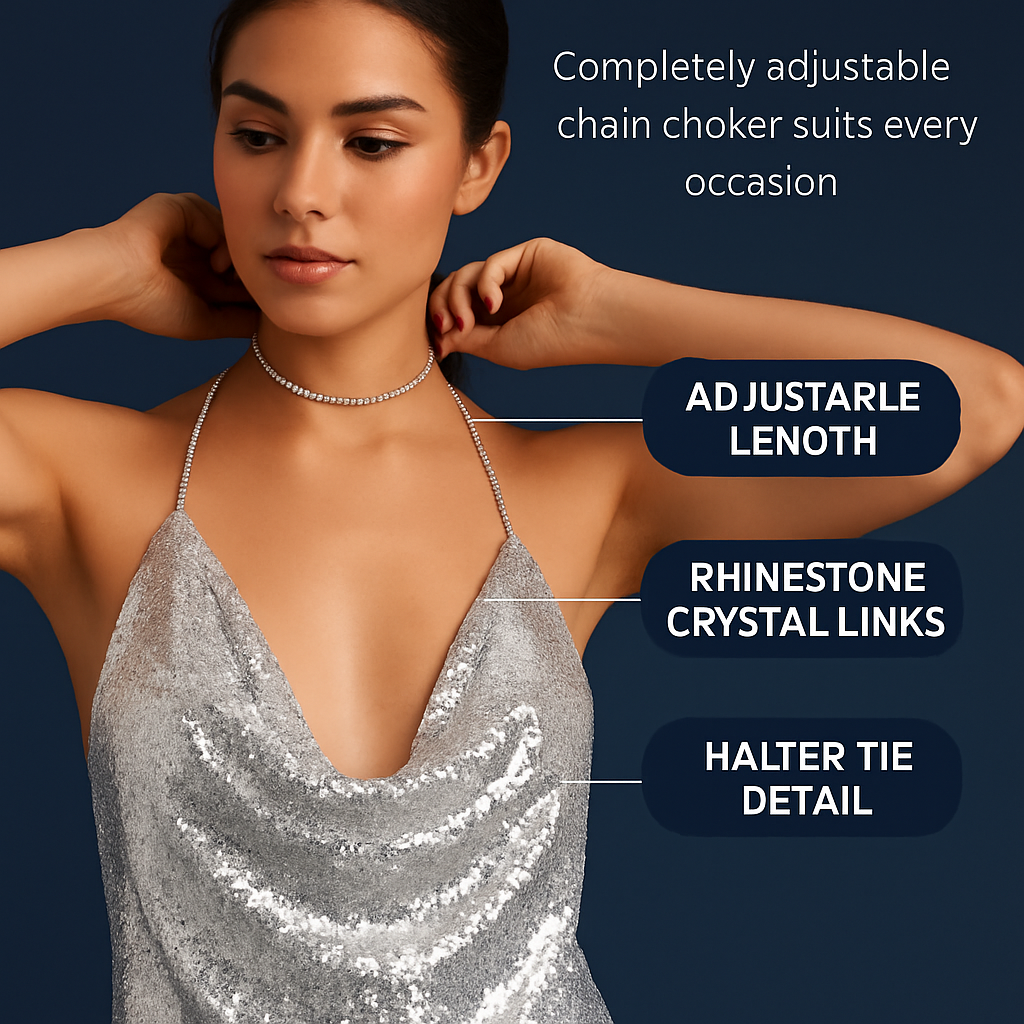 Sexy Women Chain Choker Side Slit Backless Slip Dress With Sequins